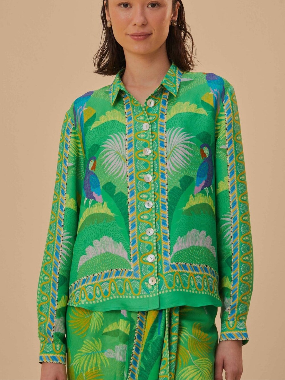 Farm Rio - Green Macaw Viscose Shirt - Size Women's US XS - Picture 2 of 9
